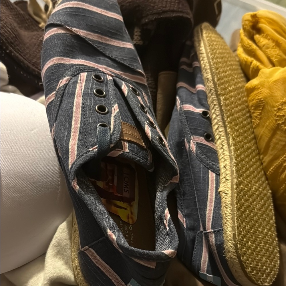 TOMS Navy and Pink Striped Espadrilles